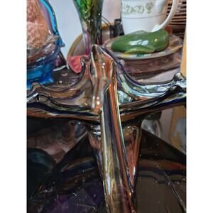 Vintage Hand Blowen Carnival Glass Swan Dish Blue And Brown